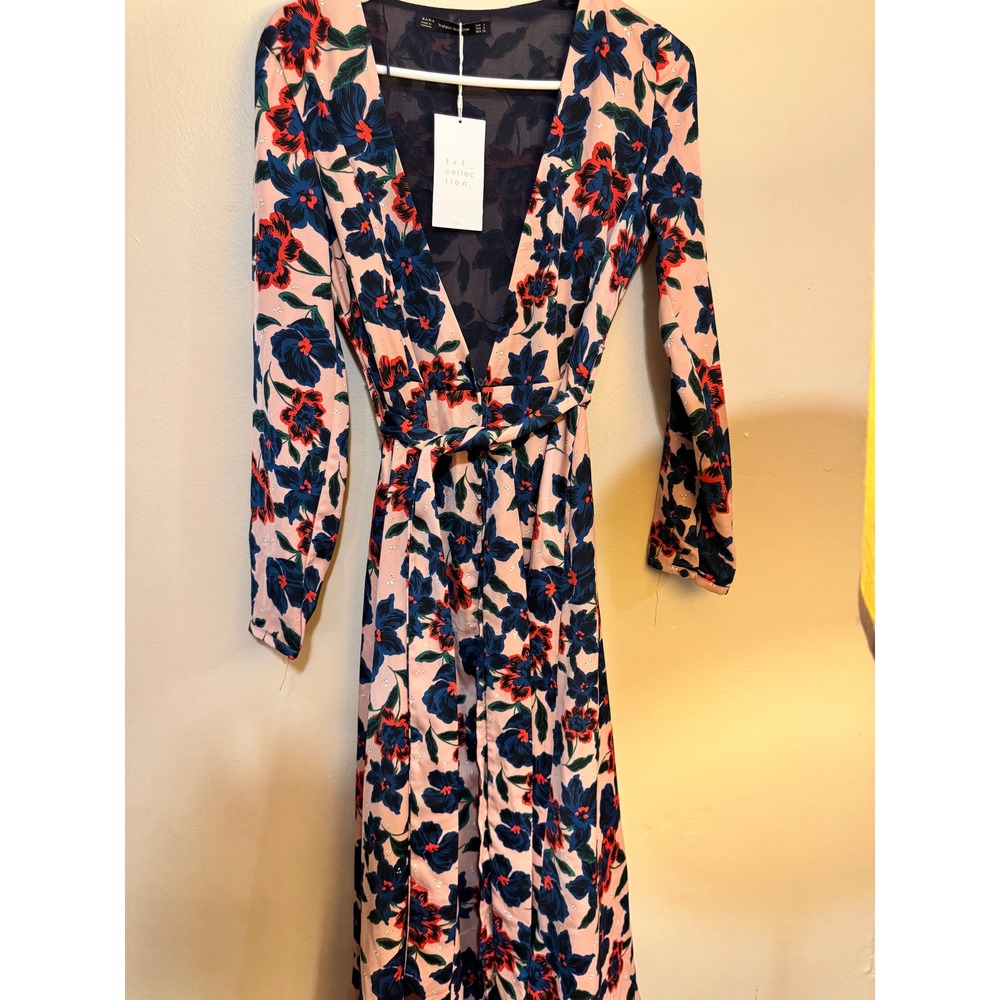 Zara TRF Floral Maxi Dress Pink Navy Blue V-Neck Long Sleeve Tie Waist Small NWT
